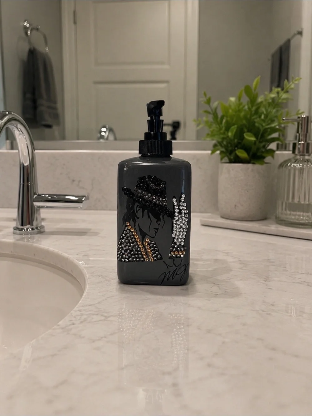 Hand Soap Dispenser - Black Rhinestone Michael Jackson Design